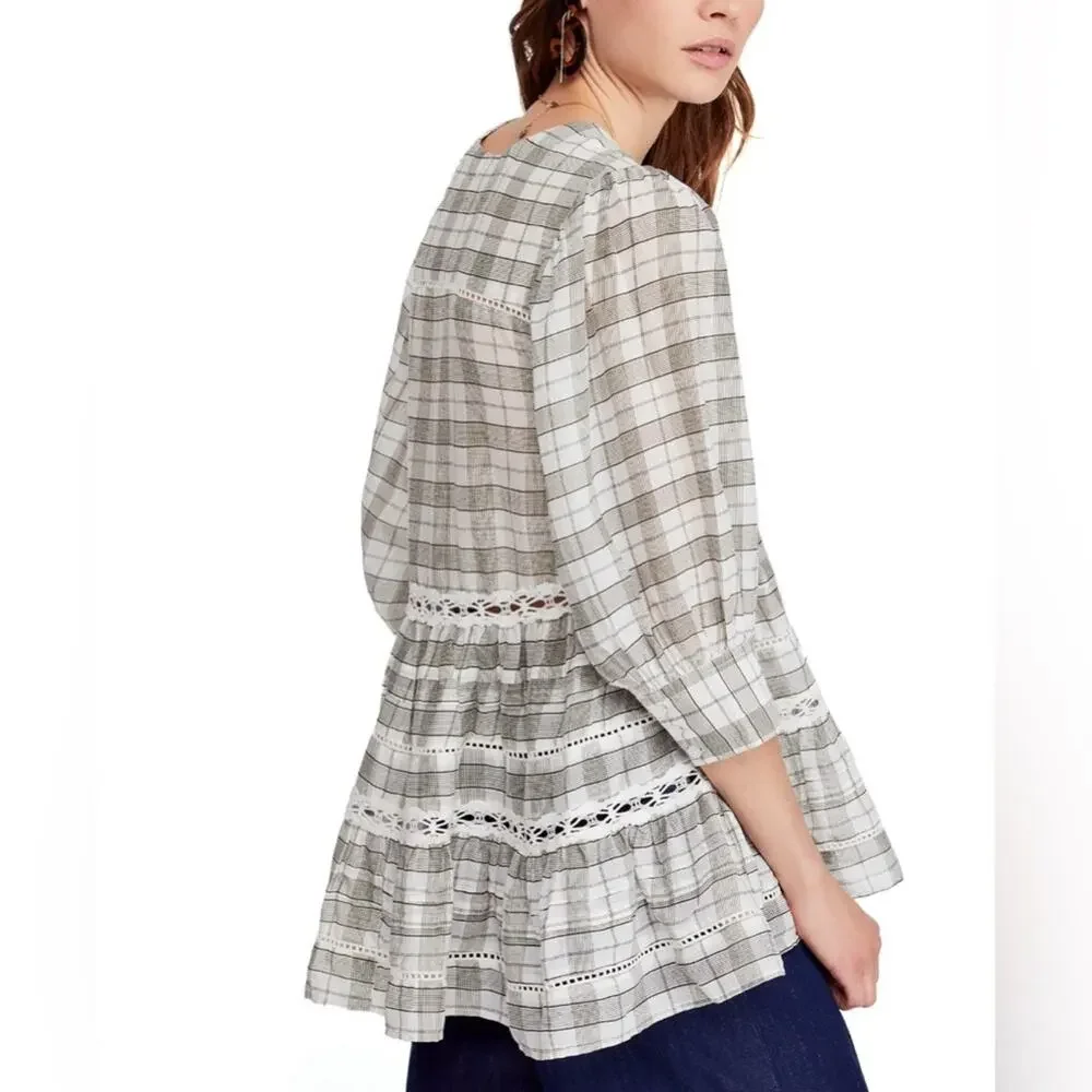 NWT Free People Time Out Lace Trim Plaid Puff Sleeve Trapeze‎ Tunic Blouse Sz M